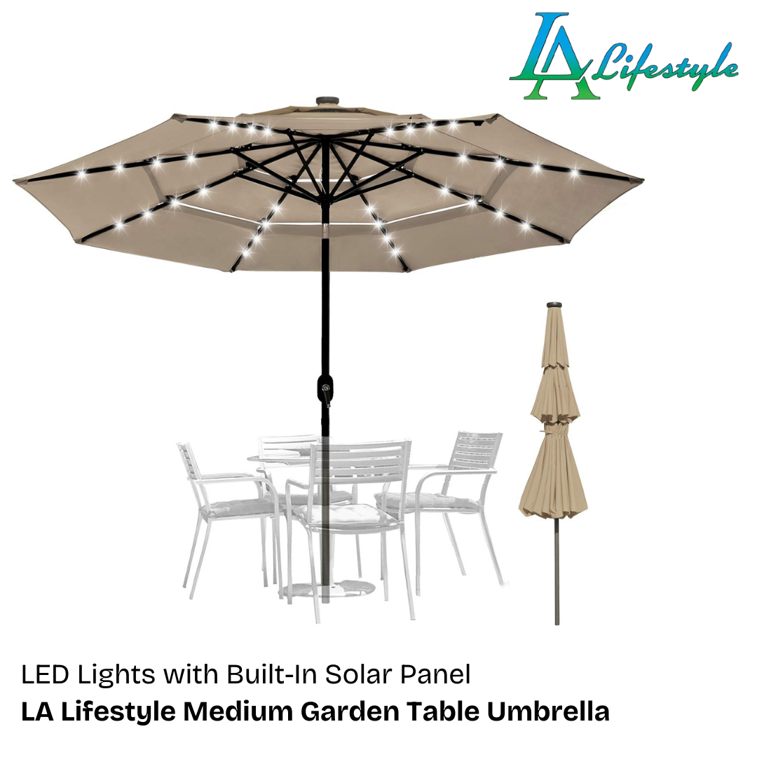 LA Lifestyle Medium Garden Table Umbrella With LED Solar Lights