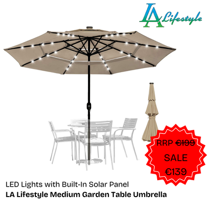 LA Lifestyle Medium Garden Table Umbrella With LED Solar Lights